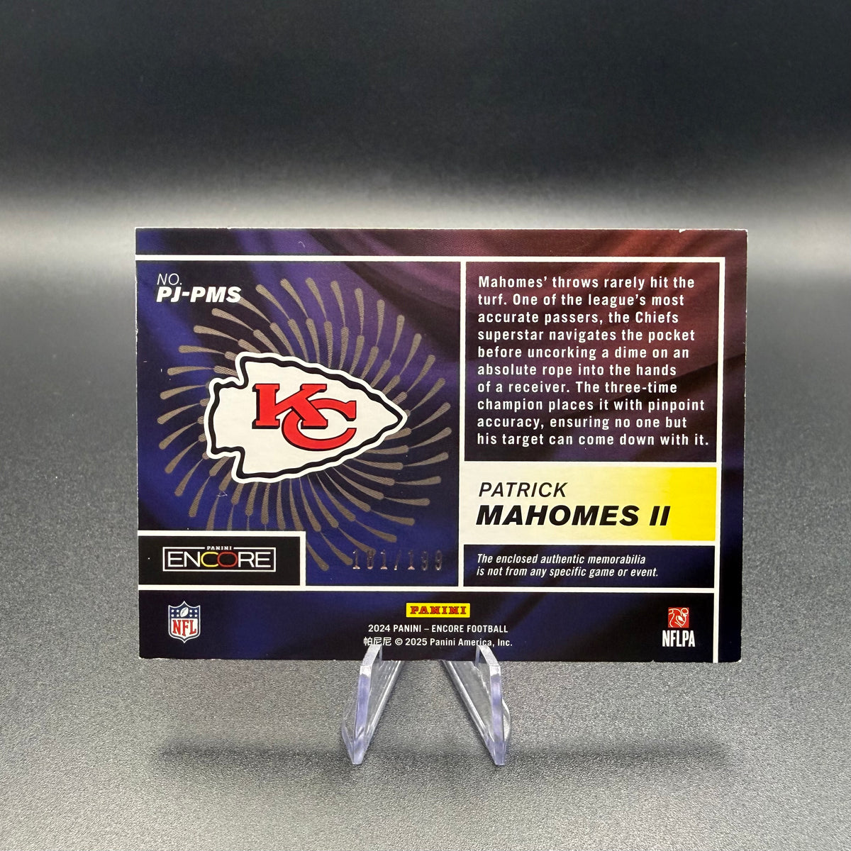 2024 Panini Encore Patrick Mahomes II Pinnacle Jersey /199 #PJ-PMS Kansas City Chiefs