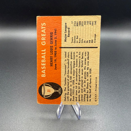 1961 Fleer Baseball Greats Lou Gehrig #31 New York Yankees HOF