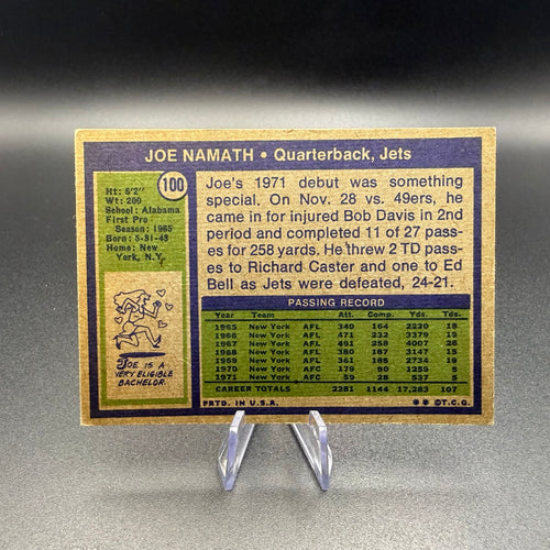 1972 Topps Joe Namath #100 New York Jets HOF Vintage