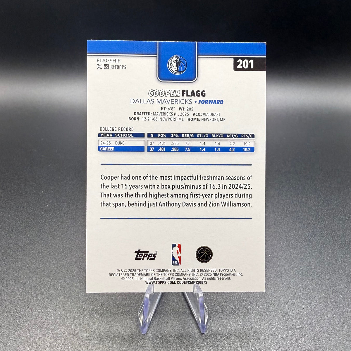 2025-26 Topps Basketball Cooper Flagg Rookie Card RC #201 Dallas Mavericks